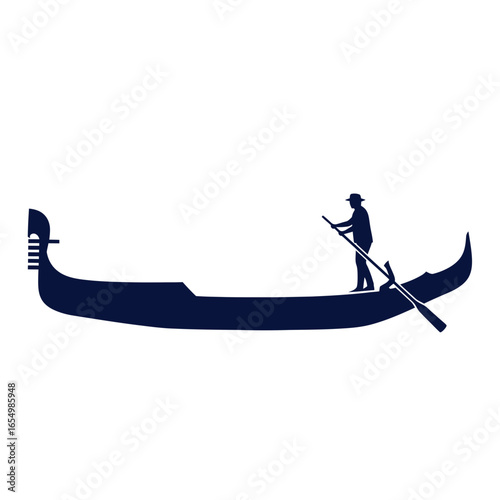 Silhouette of a gondola boat with a gondolier on white background.