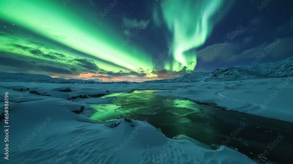 Naklejka premium Magical Aurora Borealis over Icy River Winter Wonderland Northern Lights Display Breathtaking Night Sky Starry Landscape