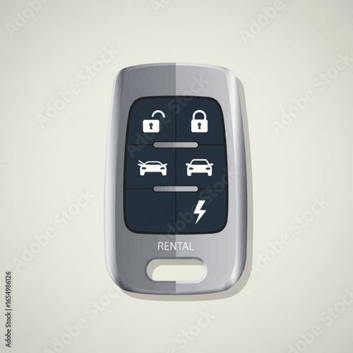 Car remote control with lock unlock and trunk release icons on gray background.