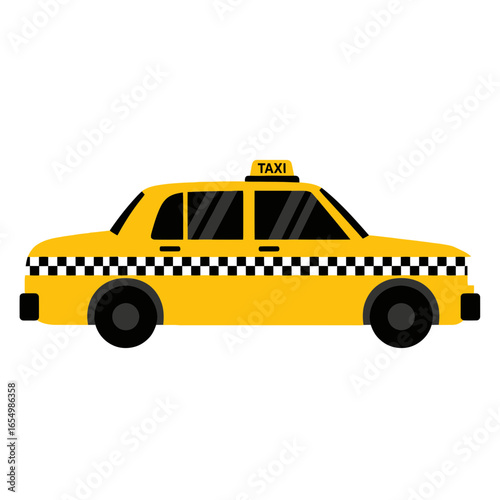 A yellow taxi with a checkered stripe is shown on a white background.
