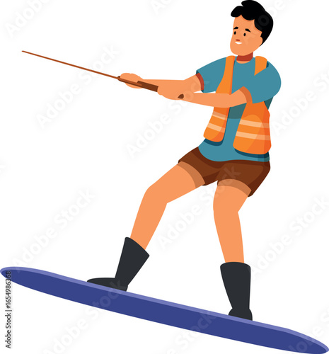 Wakeboarder enjoying water sport, holding handle, balancing on board, having fun on summer vacation