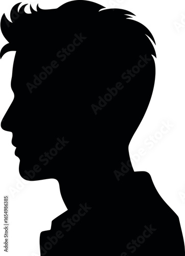 A silhouette of a man's head and shoulders in profile with a stylish haircut against a white background