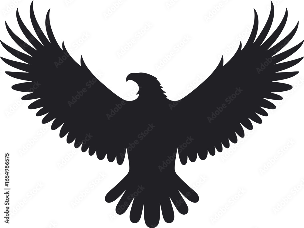 Obraz premium A silhouette of an eagle with its wings fully spread against a plain white background in a vector image