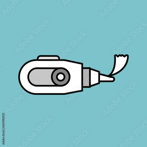 White correction tape dispenser with gray details on a light blue background.
