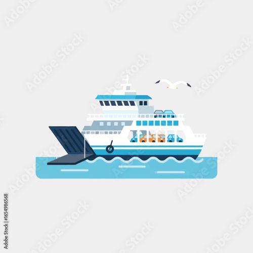 Ferry boat on water with passengers in a simple flat vector illustration.