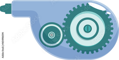 Correction tape dispenser isolated on white background, featuring visible internal gears, offering a glimpse into its mechanics