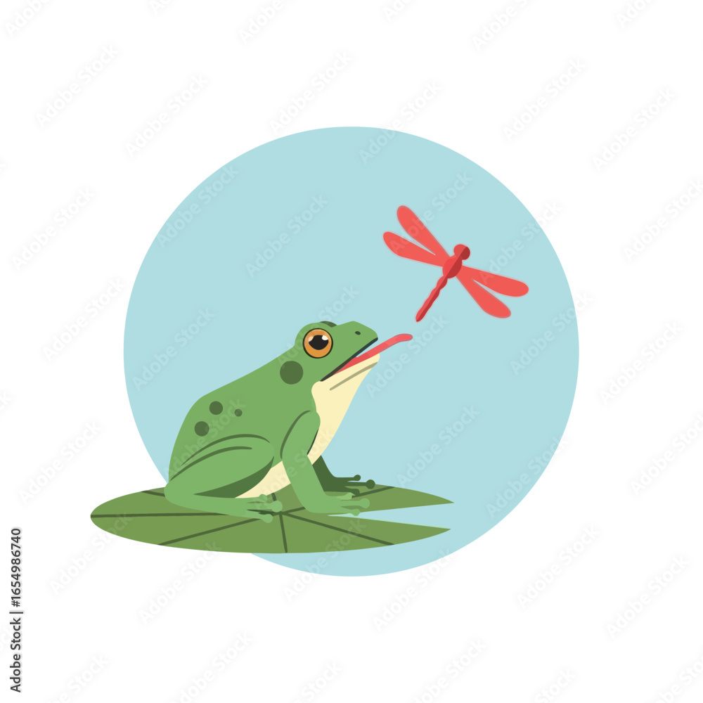 Fototapeta premium Green frog on lily pad catches red dragonfly with long tongue illustration.