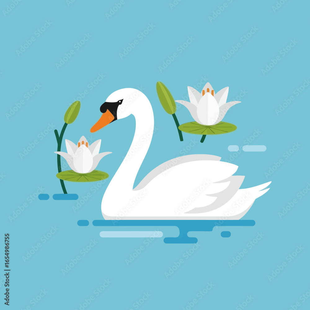 Fototapeta premium White swan swimming in water with water lilies on a blue background.