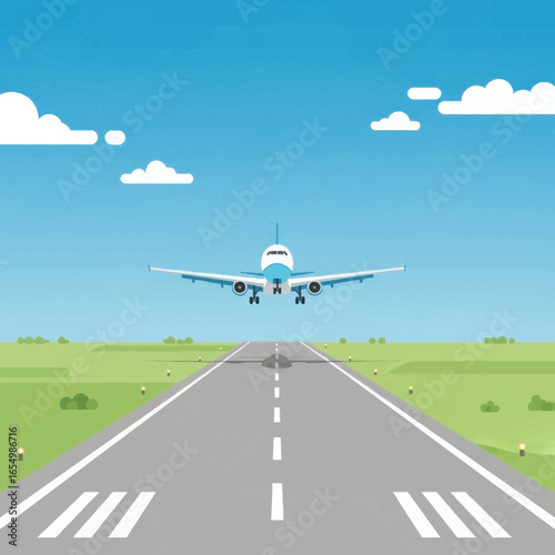 Airplane taking off from runway with blue sky and clouds in background.
