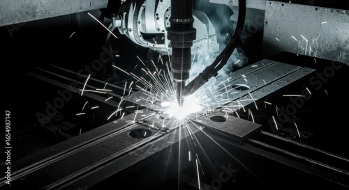 Industrial robotic welding machine in action. Sparks fly as metal parts are joined