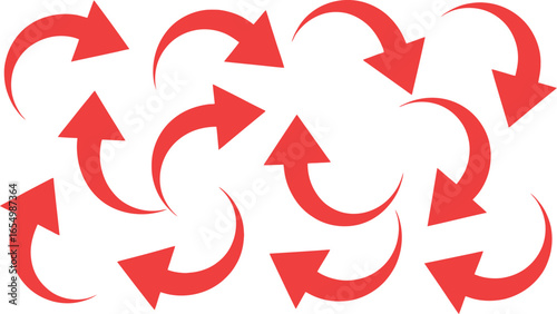 A pattern of multiple red curved and straight arrows pointing in different directions on a white background