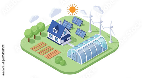 Sustainable living home with solar panels and wind turbines vector