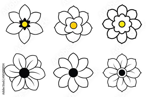 Stylized flower icons with varied petal designs and bright yellow accents.