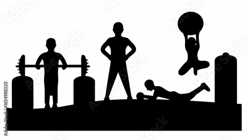 Silhouette of people exercising with weights and ball in a fitness center or gym environment scene