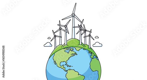 Wind turbines on earth renewable energy clean power illustration
