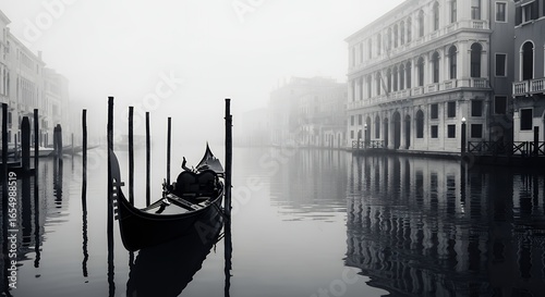 Venice Gondola Canal Foggy Morning Black and White Landscape Photography Scenic Italian Travel Image Stock Photo