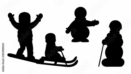 Silhouettes of children enjoying winter activities like snowboarding skiing and playing in the snow outdoors