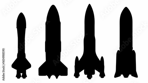 Four black silhouette rockets with different designs aligned horizontally on a white background view