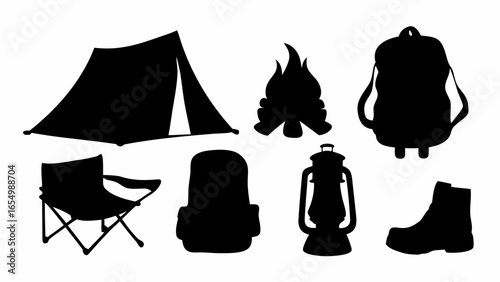 Silhouette illustration of camping gear including tent campfire chair backpack lantern and boot on white