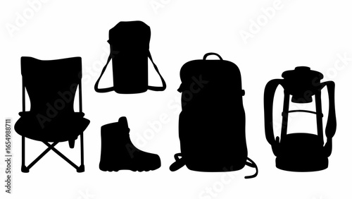 Silhouette of camping equipment including a chair backpacks a boot and a lantern on a white backdrop
