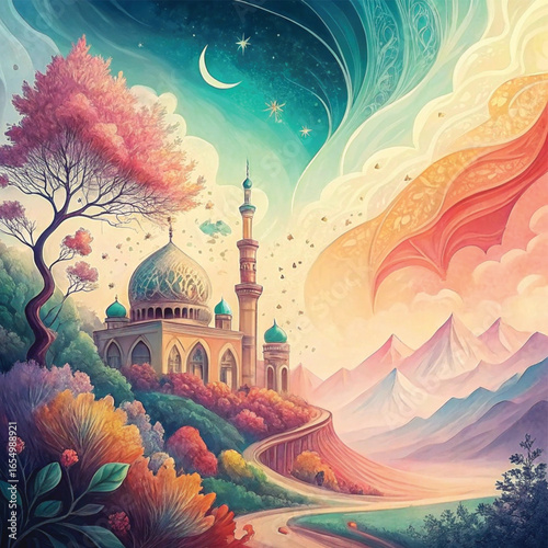 Whimsical Fantasy Mosque under a Magical Crescent Moon and Starry Sky