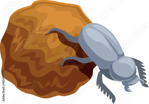 Gray dung beetle pushing a ball of dung through the desert