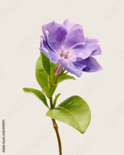 Periwinkle flower close up studio shot against white background showcasing delicate purple petals and vibrant green leaves