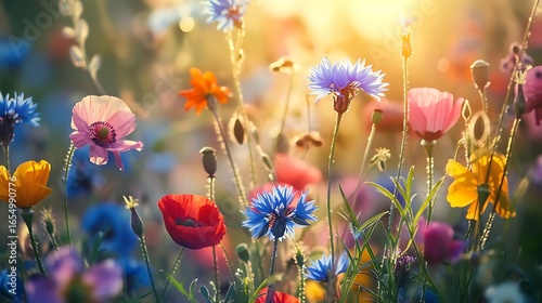 A summer meadow full of wildflowers, cornflowers, poppies and others in the sunlight on a summer day.