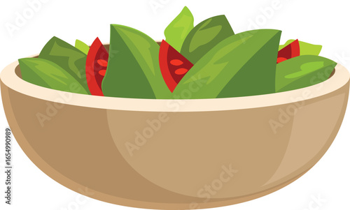 Wooden bowl containing a simple green salad with lettuce and tomato slices