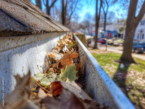 Clogged gutter filled with autumn leaves close up low angle in residential neighborhood on sunny day