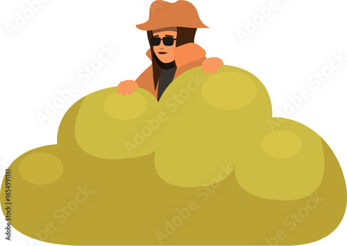 Female detective hiding behind a bush and gathering clues