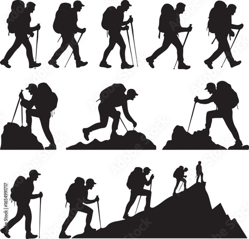 Silhouette collection of hikers with backpacks and trekking poles on white background hiking