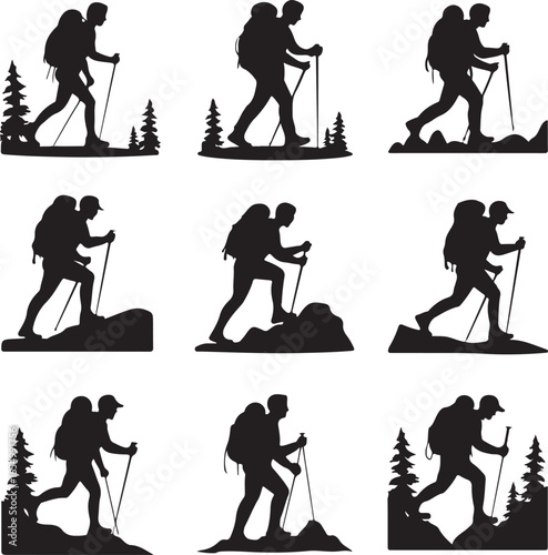 Silhouette set of hikers with backpacks and trekking poles on white background hiking
