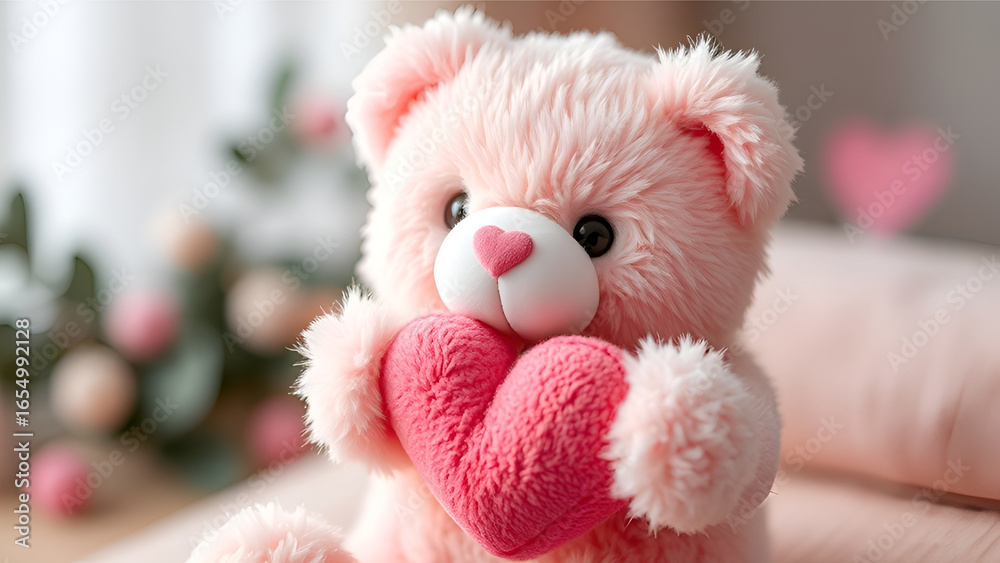 Fototapeta premium Soft Pink Teddy Bear Hugging a Bright Pink Heart, Close-Up Shot