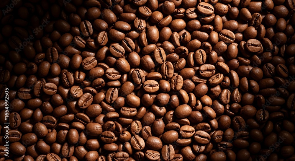 A Generous Pile of Rich Dark Roasted Coffee Beans Filling the Frame Evoking Aroma and Morning Energy for Cafes and Breakfast Menus A Generous Pile of Rich Dark Roasted Coffee Beans Filling the Frame Evoking Aroma and Morning Energy for Cafes and Breakfast Menus