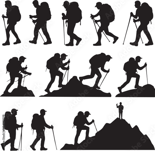 Collection of black silhouettes of hikers with backpacks and trekking poles hiking