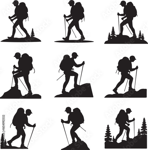 Silhouette set of hikers with backpacks and trekking poles on white background hiking