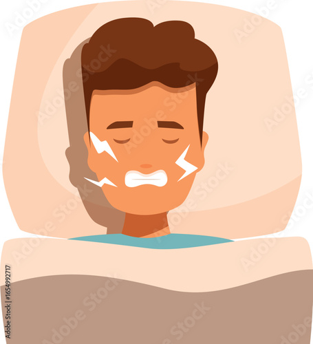 Man suffering from bruxism, grinding teeth while sleeping, teeth problems and oral health concept