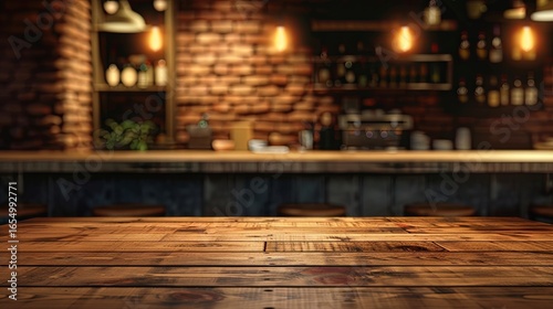 
Wooden table in a modern bar or cafe with a blurred interior in the background - a place for advertising and copy space