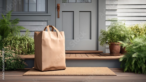 Brown paper bag on porch in front of house with plants and welcome mat
