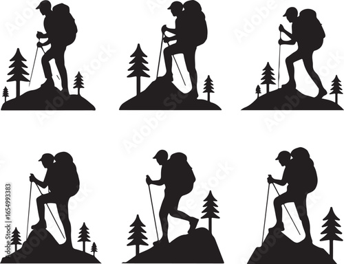 Six black silhouette hikers with backpacks and trekking poles on rocky terrain with trees Keywords