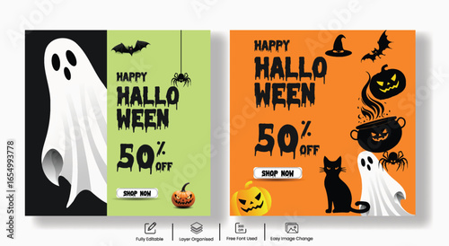 Halloween Sale Social Media Banner Template Set with Spooky Ghosts, Pumpkins, Bats, Cats – Perfect Square Ads, Illustration Backgrounds, Trick or Treat Discounts & Special Offers