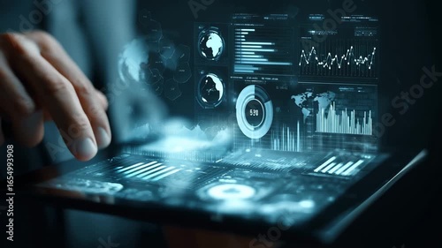 Hand interacting with futuristic tablet showing digital data analytics dashboard