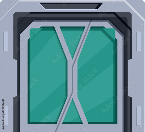 Spaceship metal door with green window is opening, showing futuristic interior