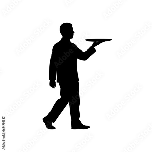 Silhouette of a waiter walking and carrying a tray in his right hand on a plain white background
