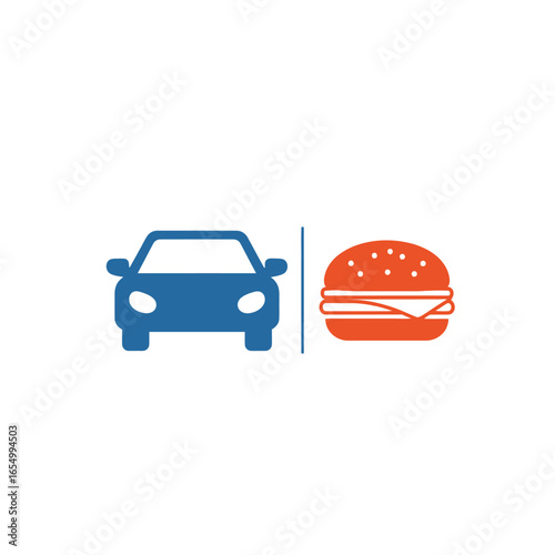 Illustration of a blue car and an orange burger separated by a line on a white background