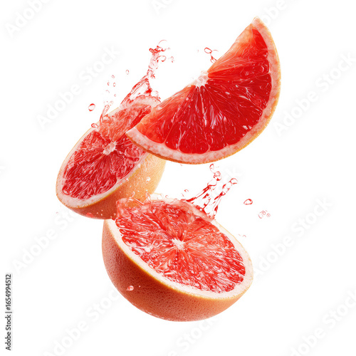 Sliced grapefruit halves, splashing juice against a black background