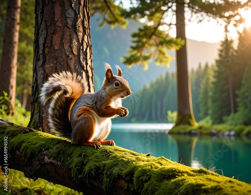 Squirrel by a lake in a forest at sunrise