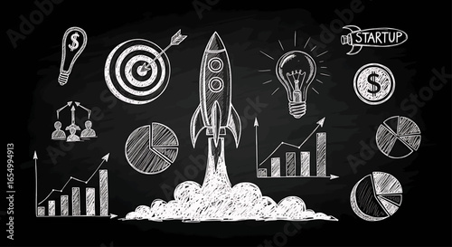 Creative chalk drawing of essential business startup icons, mixing innovative ideas and financial strategy for successful growth on a blackboard.