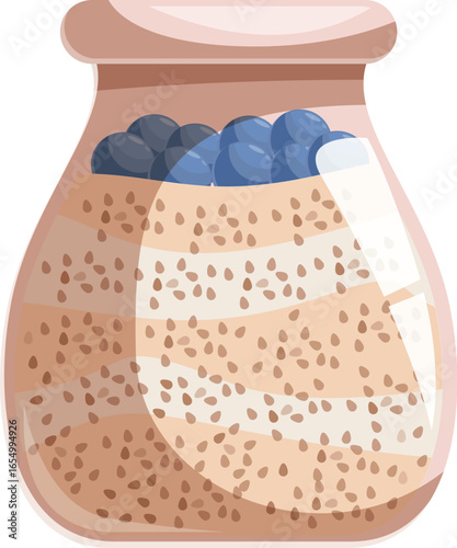 Delicious chia seed pudding with blueberries and yogurt layers, served in a jar, represents a healthy and nutritious breakfast or snack option